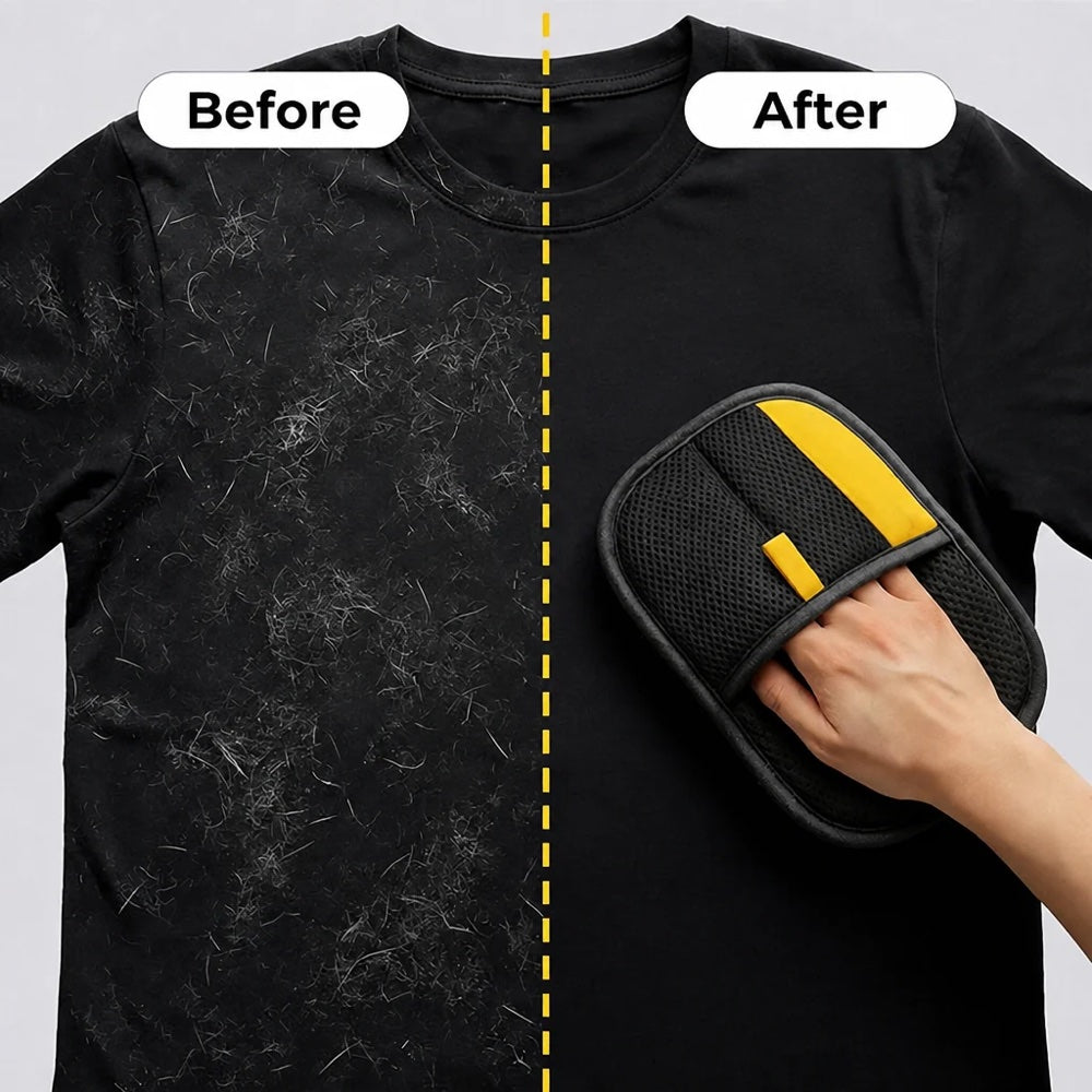 A black t-shirt half covered in dog hair, half cleaned with the Sausage Glove