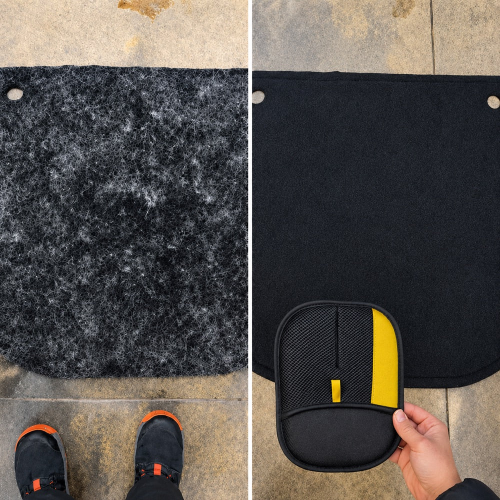 A car mat half covered in pet hair, half cleaned with the Sausage Glove